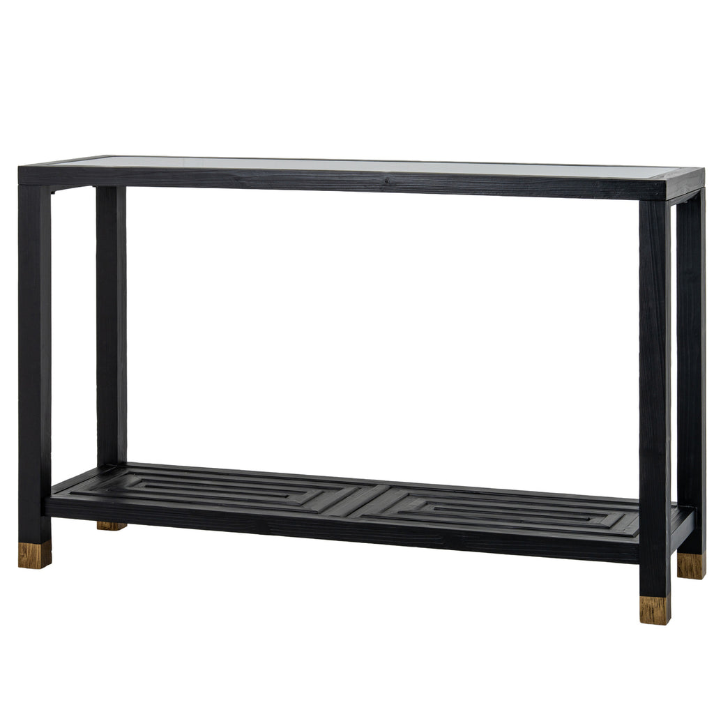 Black rectangular console table with a reflective inset top, an open frame, a patterned lower shelf and gold-toned leg caps on a white background.