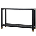 Black rectangular console table with a reflective inset top, an open frame, a patterned lower shelf and gold-toned leg caps on a white background.
