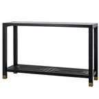 Black rectangular console table with a reflective inset top, an open frame, a patterned lower shelf and gold-toned leg caps on a white background.