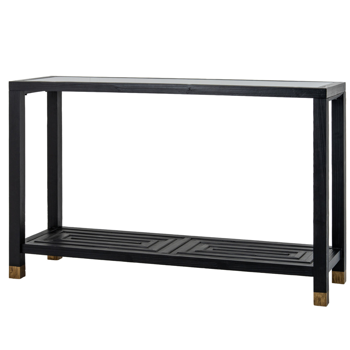 Black rectangular console table with a reflective inset top, an open frame, a patterned lower shelf and gold-toned leg caps on a white background.