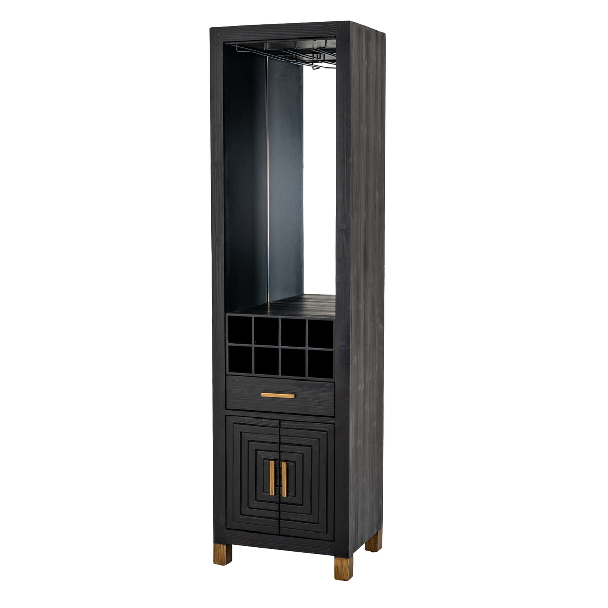 Three-quarter view of a tall black drinks cabinet with a reflective open bay, overhead rack, eight cubbies and gold-toned handles.