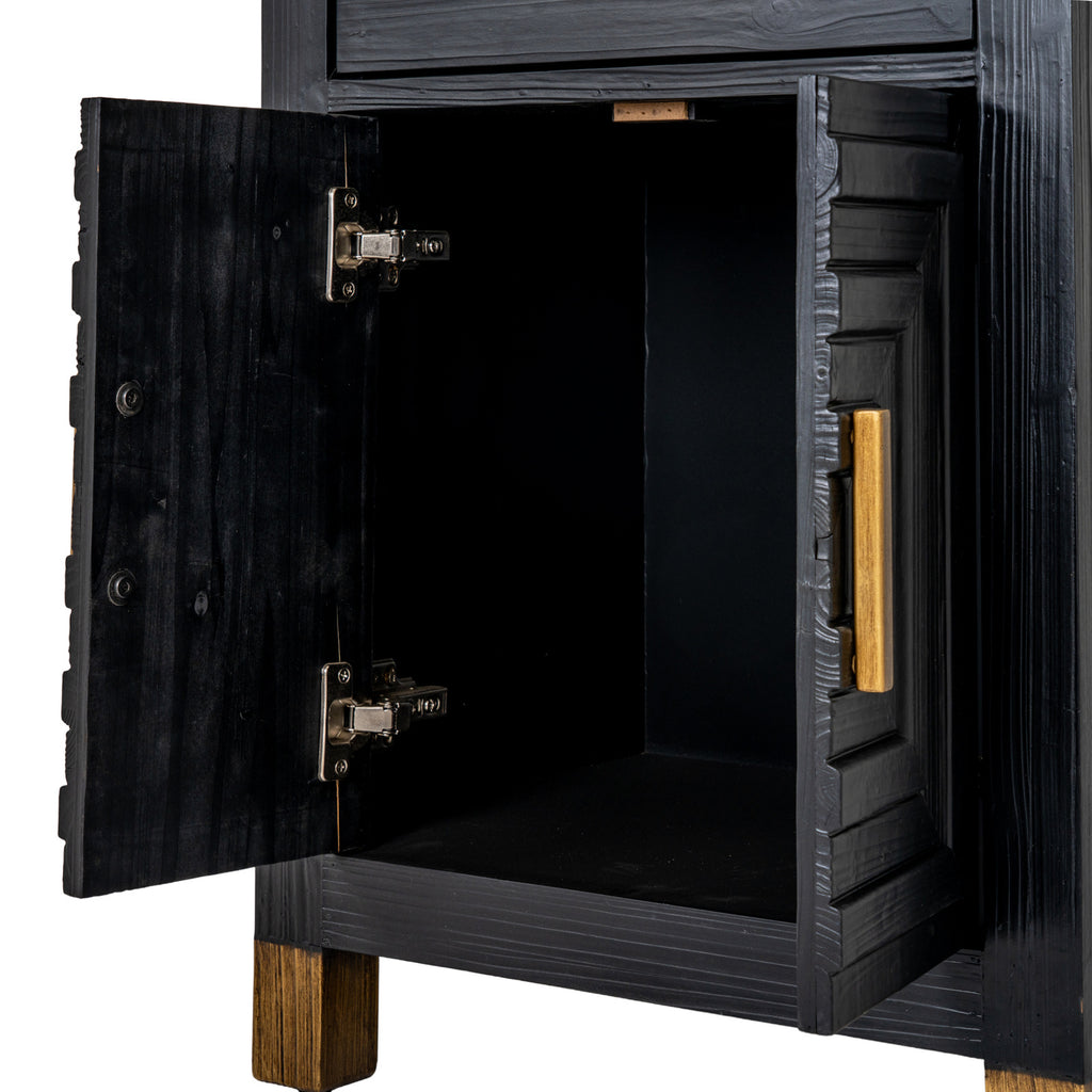 Lower cupboard with both doors open, showing a dark interior, visible hinges and stepped door detailing beside a gold-toned handle.