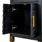 Lower cupboard with both doors open, showing a dark interior, visible hinges and stepped door detailing beside a gold-toned handle.