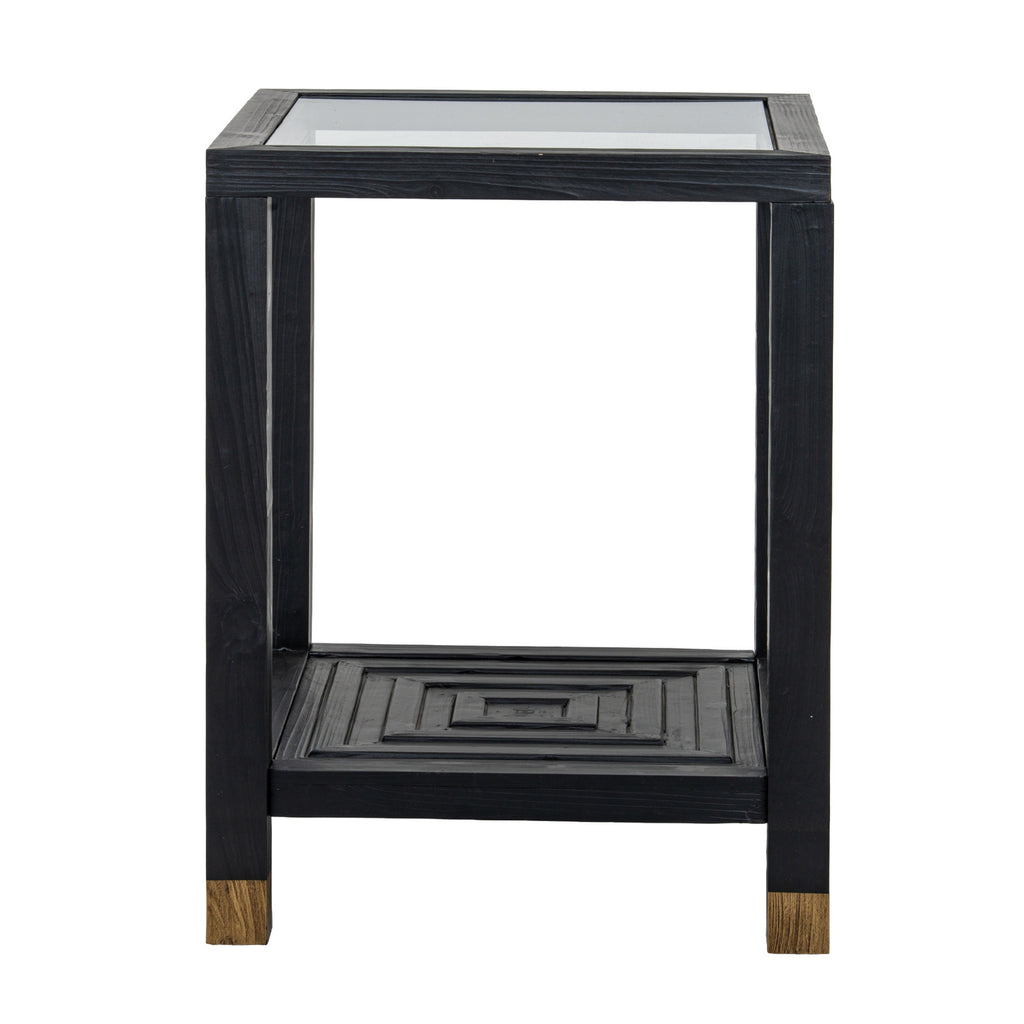 Front view of the square side table showing its open black frame and concentric raised strips across the lower shelf.