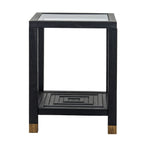 Front view of the square side table showing its open black frame and concentric raised strips across the lower shelf.