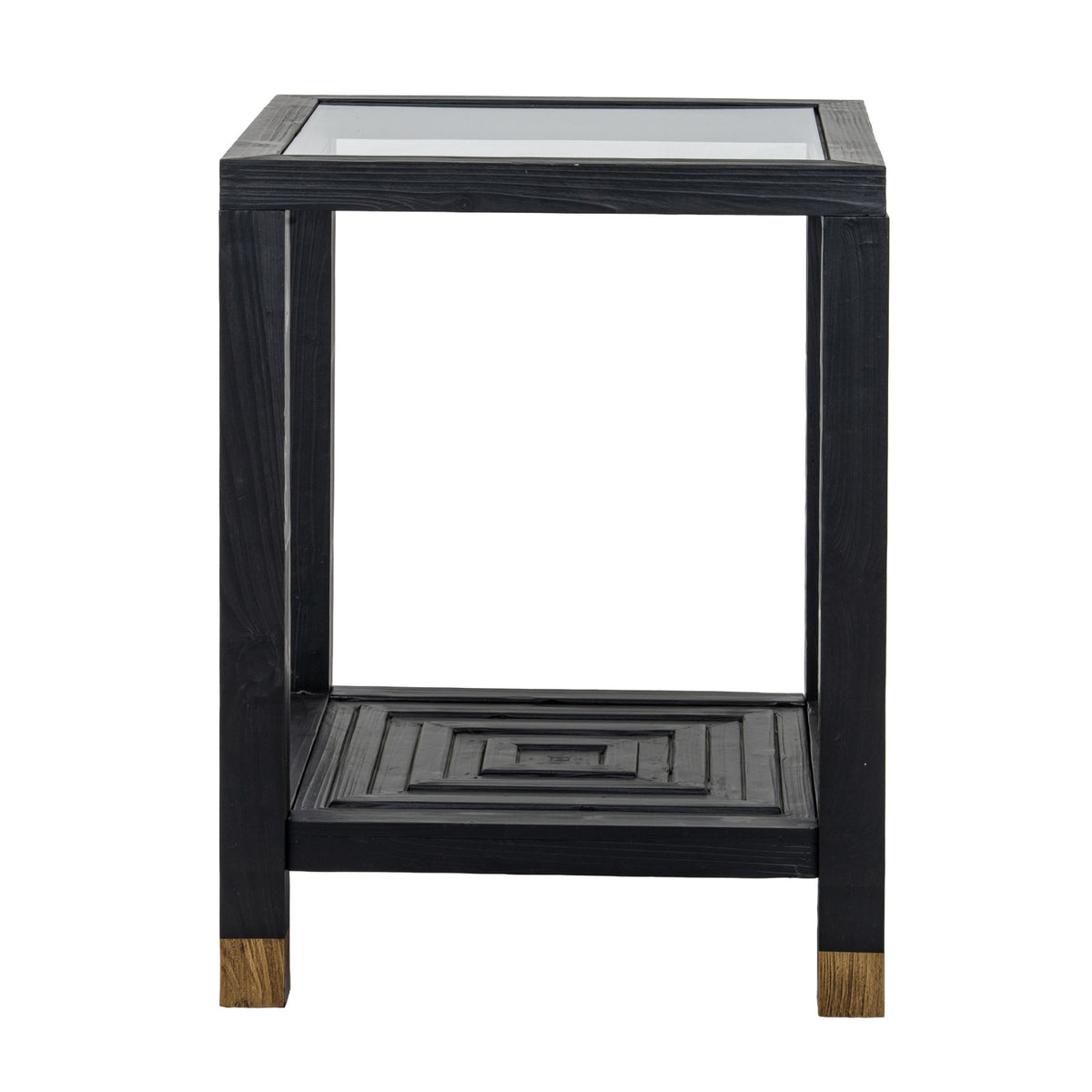 Front view of the square side table showing its open black frame and concentric raised strips across the lower shelf.