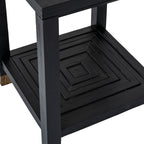 Close-up from above of the lower shelf with raised black strips forming nested squares between the table legs.