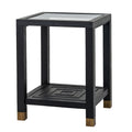 Angled view of the black Stepped Loop Side Table with a reflective square top, nested-square lower shelf and gold-toned leg ends.