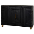 Angled front view of the black Stepped Loop Sideboard, showing its nested rectangular relief, central brass-toned handles and short feet.