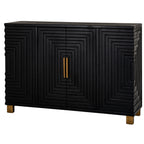 Angled front view of the black Stepped Loop Sideboard, showing its nested rectangular relief, central brass-toned handles and short feet.