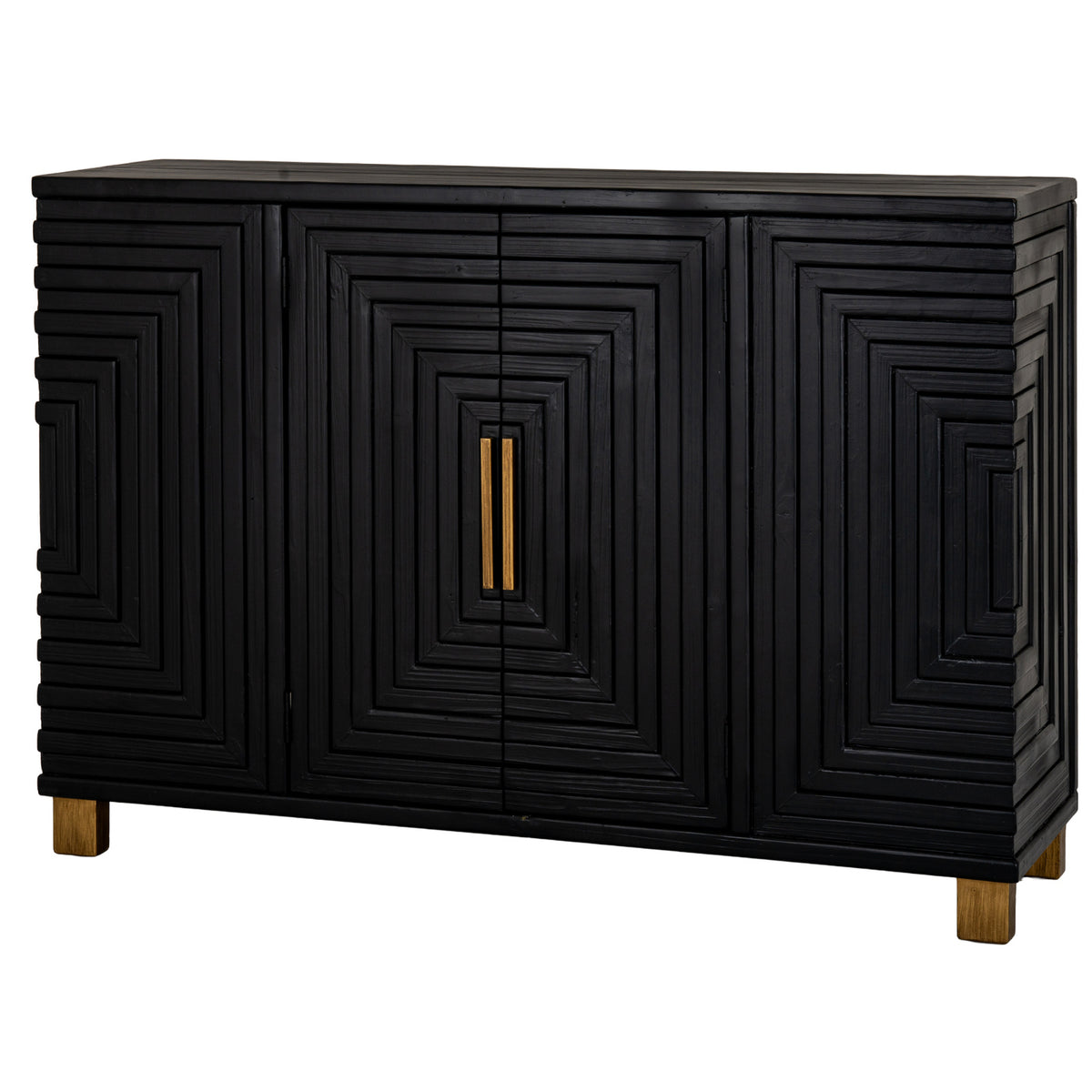 Angled front view of the black Stepped Loop Sideboard, showing its nested rectangular relief, central brass-toned handles and short feet.