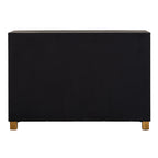 Rear view of the sideboard with a plain black back panel, a narrow view of the top and two brass-toned feet visible.