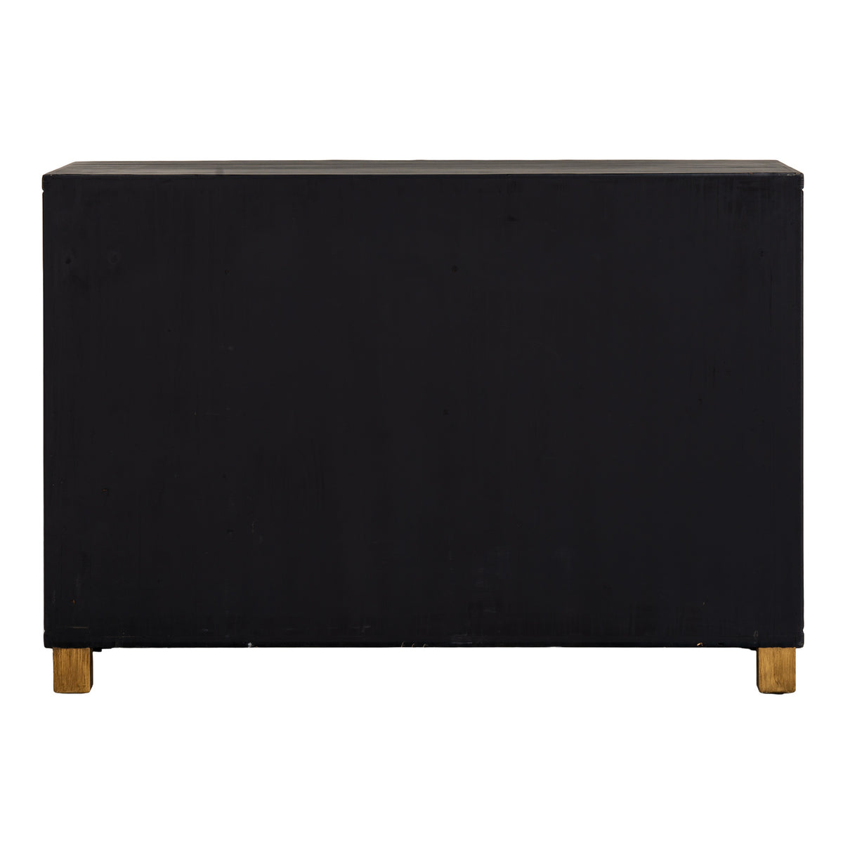 Rear view of the sideboard with a plain black back panel, a narrow view of the top and two brass-toned feet visible.