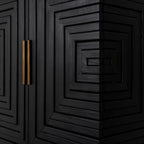 Close-up of the gold-toned bar handles and textured black strips forming stepped rectangles across the sideboard front and corner.