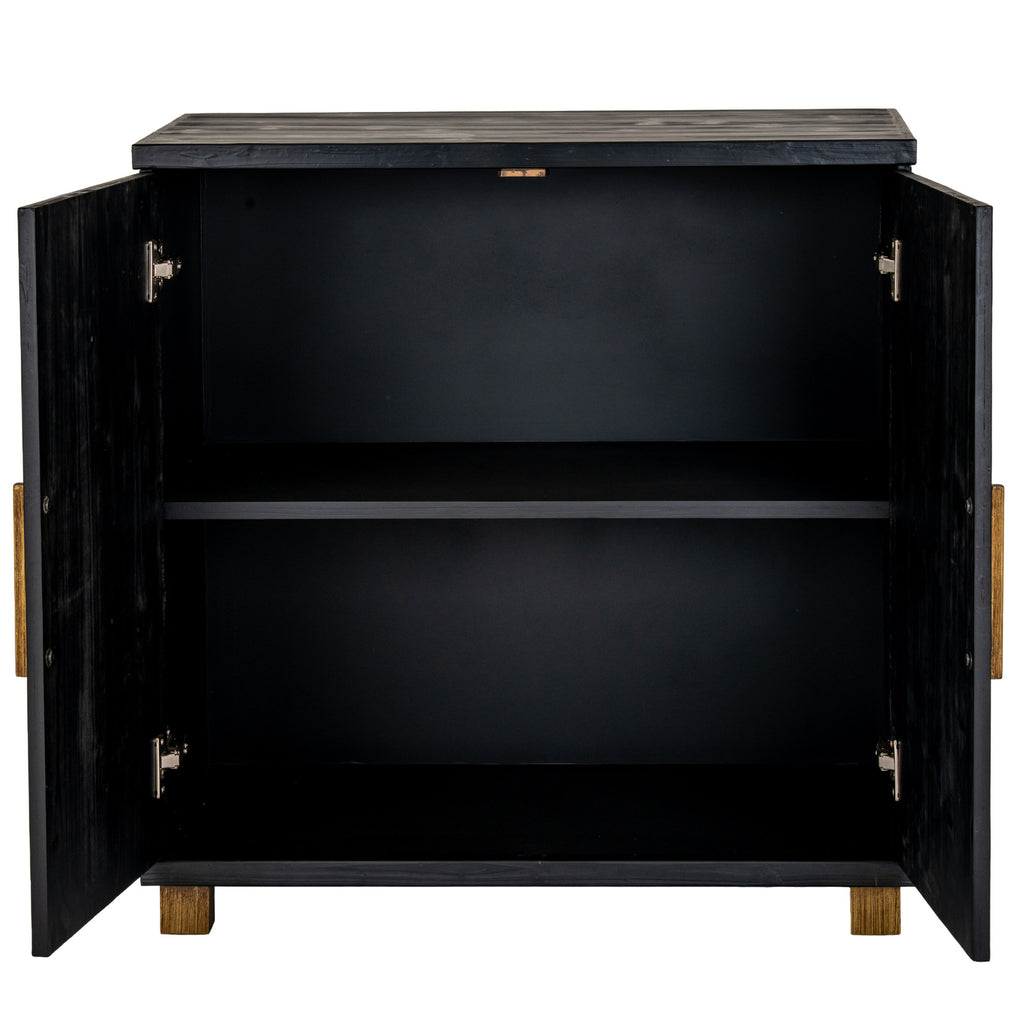 Sideboard with both doors open, showing a black interior divided by one horizontal shelf.