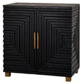 Black two-door sideboard viewed from the front and right, with stepped rectangular decoration, gold-toned handles and short natural-toned feet.