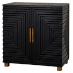 Black two-door sideboard viewed from the front and right, with stepped rectangular decoration, gold-toned handles and short natural-toned feet.