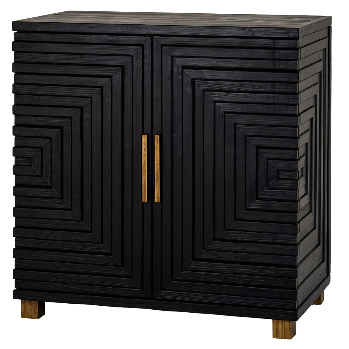 Black two-door sideboard viewed from the front and right, with stepped rectangular decoration, gold-toned handles and short natural-toned feet.