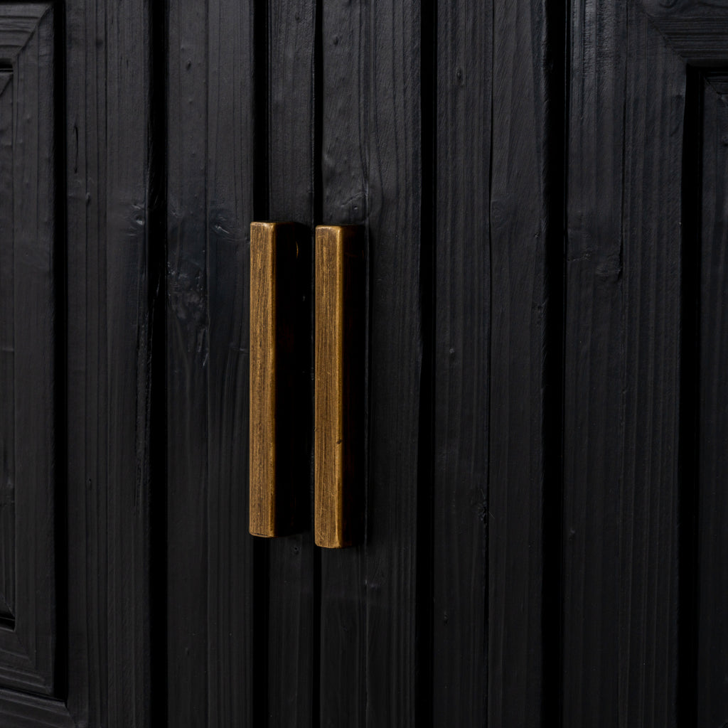 Close-up of two vertical gold-toned bar handles against the textured black cabinet doors.