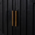 Close-up of two vertical gold-toned bar handles against the textured black cabinet doors.