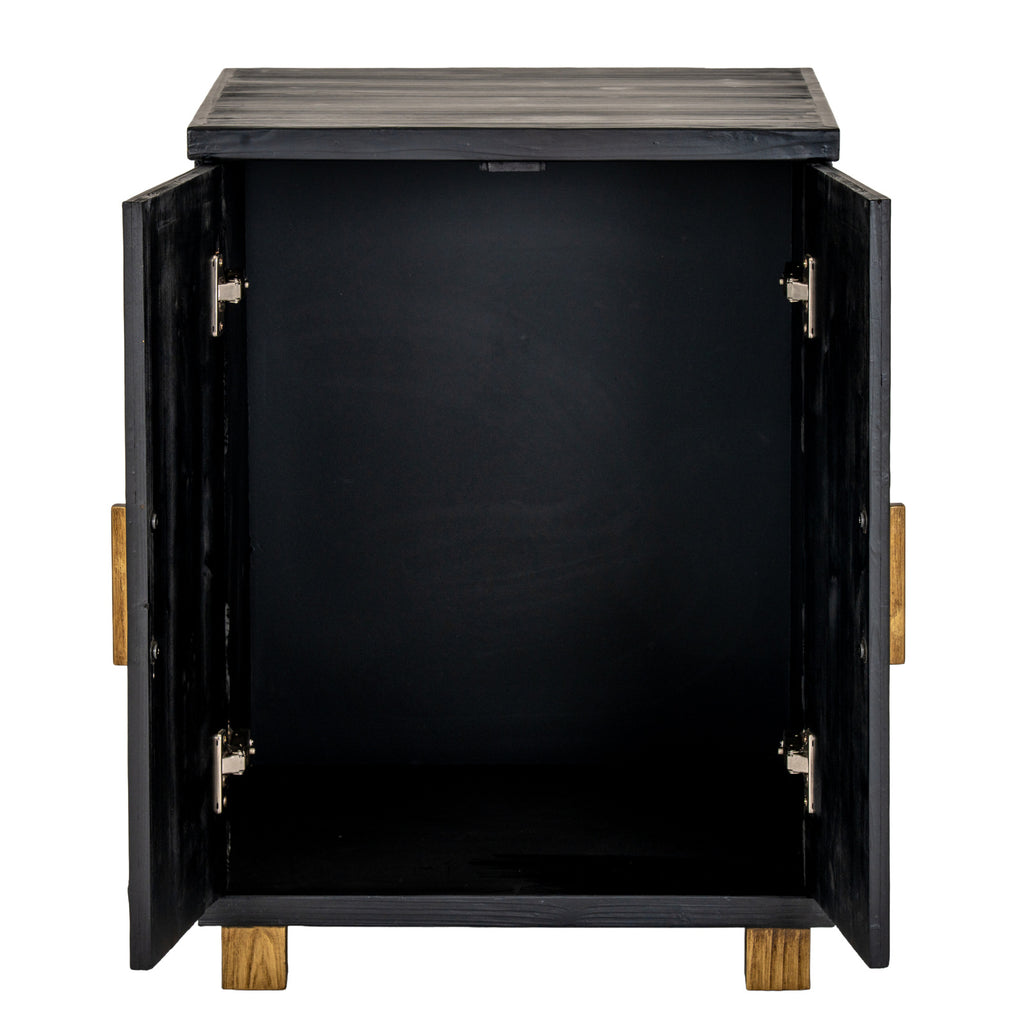 Black cabinet with both doors open, showing an empty undivided interior and visible door hinges.