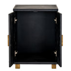 Black cabinet with both doors open, showing an empty undivided interior and visible door hinges.