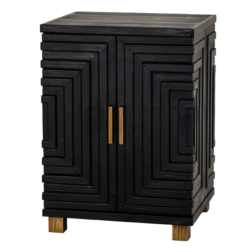 Angled view of the black storage cabinet with stepped decoration across its doors and right side, gold-toned handles and natural-toned feet.