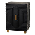 Angled view of the black storage cabinet with stepped decoration across its doors and right side, gold-toned handles and natural-toned feet.
