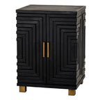 Angled view of the black storage cabinet with stepped decoration across its doors and right side, gold-toned handles and natural-toned feet.