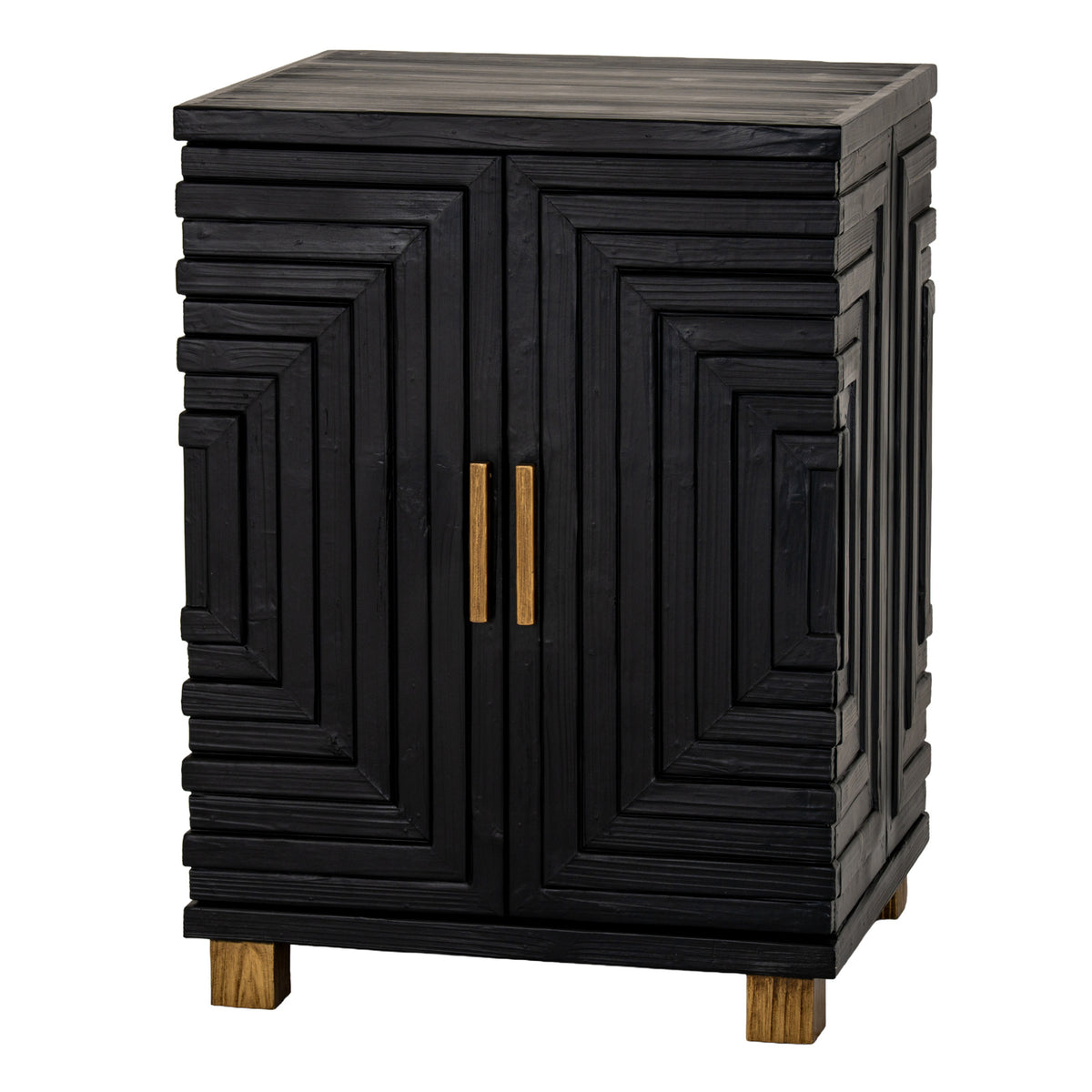 Angled view of the black storage cabinet with stepped decoration across its doors and right side, gold-toned handles and natural-toned feet.