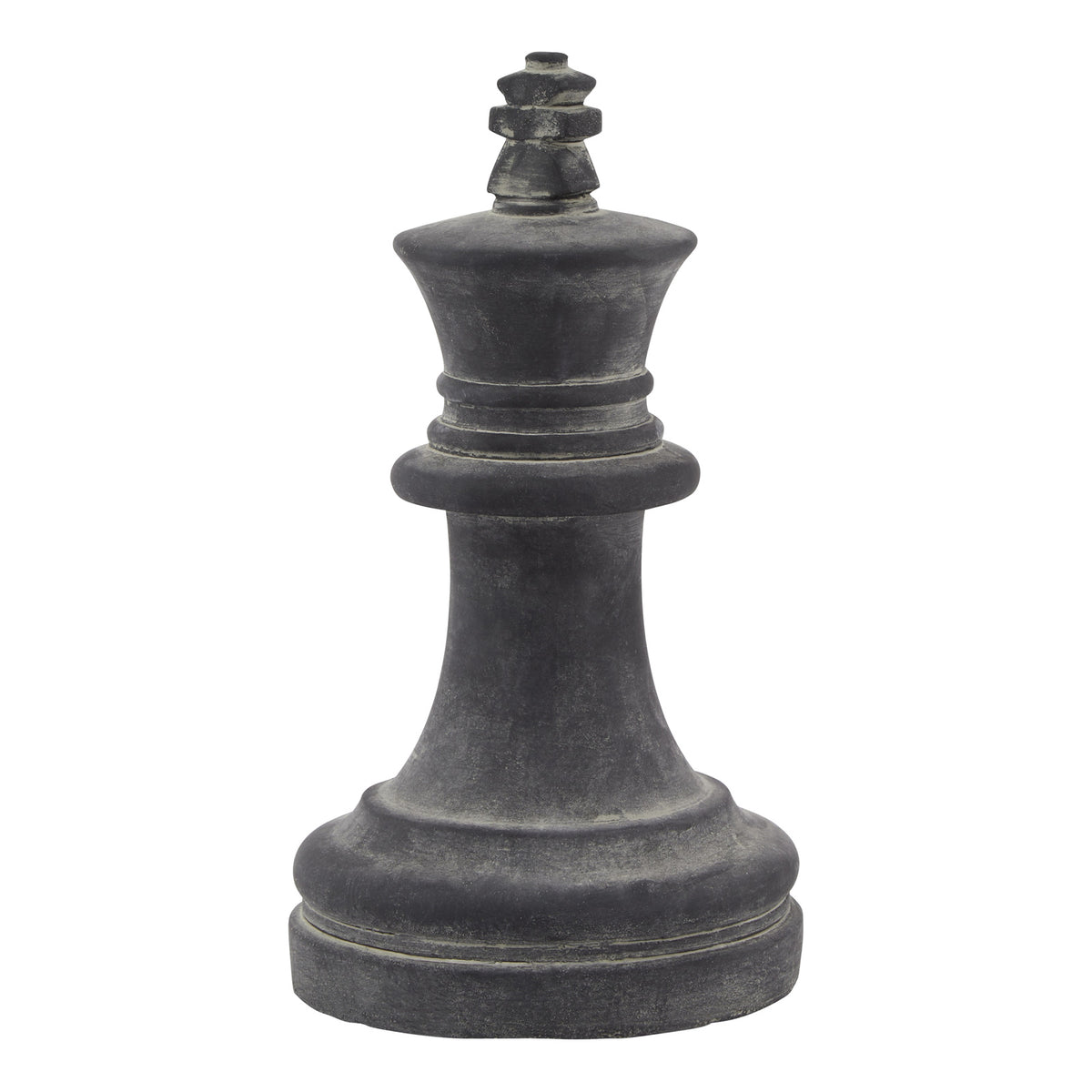 Full view of a charcoal grey king chess ornament with a stepped circular base, tapered stem, ringed collar and flared crown against white.