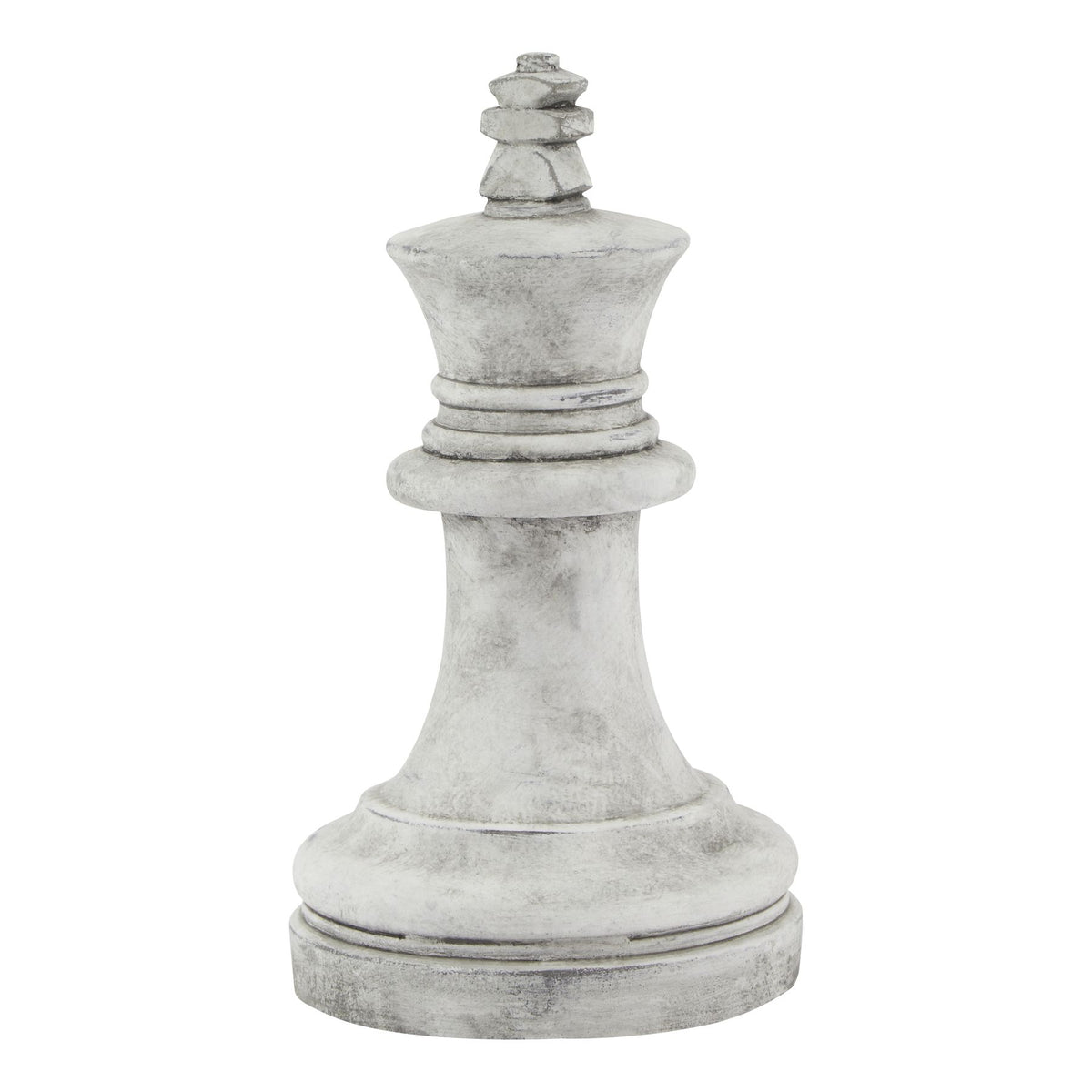 Full view of a pale grey-white king chess ornament with a wide stepped base, tapered stem, ringed collar and flared crown.