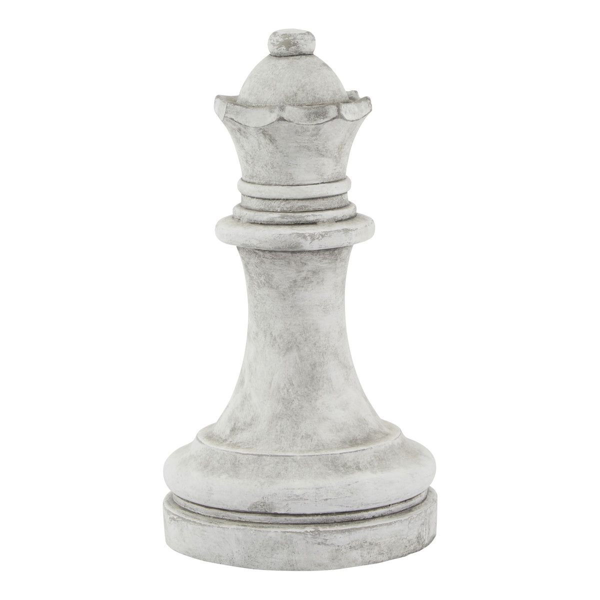 Full view of a pale grey-white queen chess ornament with a broad stepped circular base, tapered stem, ringed collar and domed crown.