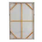 Rear view of the rectangular artwork showing pale canvas, central crossbars, diagonal corner braces and small fittings on either side.