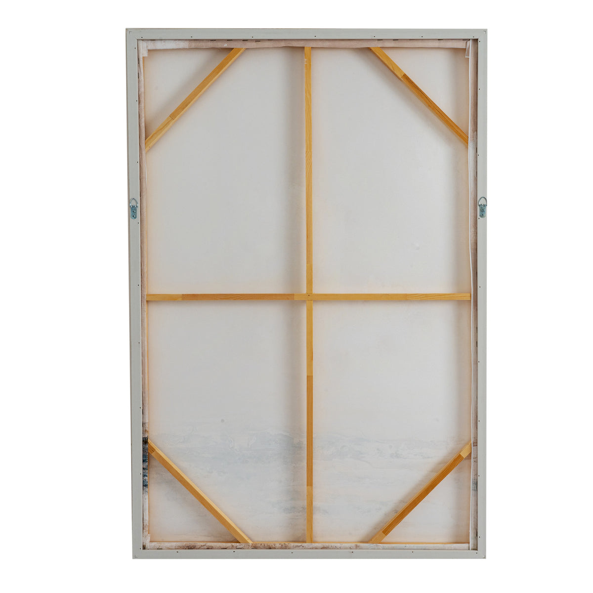 Rear view of the rectangular artwork showing pale canvas, central crossbars, diagonal corner braces and small fittings on either side.
