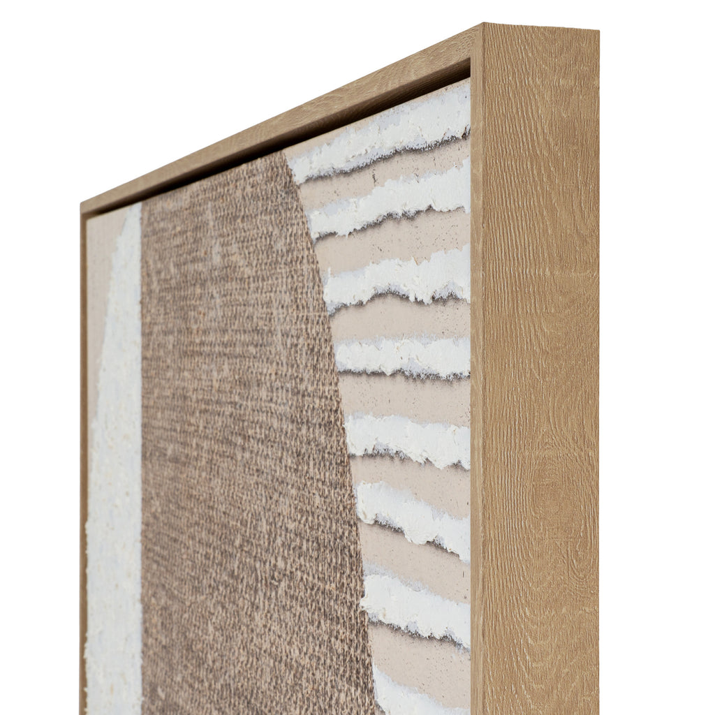 Angled detail of the artwork's upper right corner, with the wood-effect frame beside white ridged stripes and the stippled brown arch.
