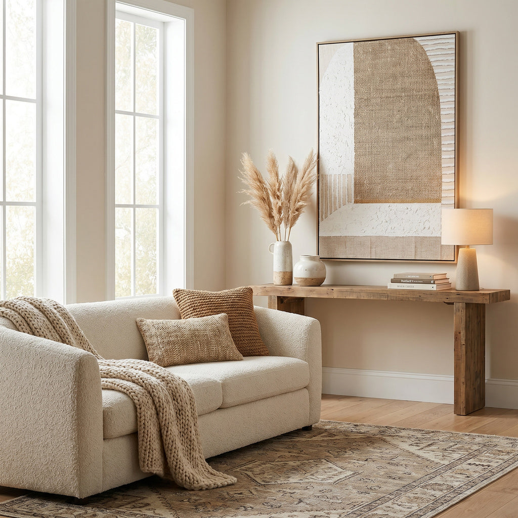 Brown arch artwork above a timber console with pale vases, dried grasses and a table lamp, beside a cream sofa with brown cushions.