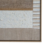 Close-up of the artwork's lower right corner, showing uneven white texture, horizontal stripes, a woven-looking neutral band and the frame edge.