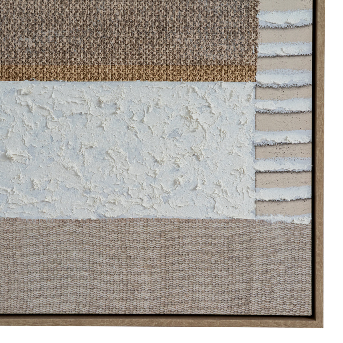 Close-up of the artwork's lower right corner, showing uneven white texture, horizontal stripes, a woven-looking neutral band and the frame edge.