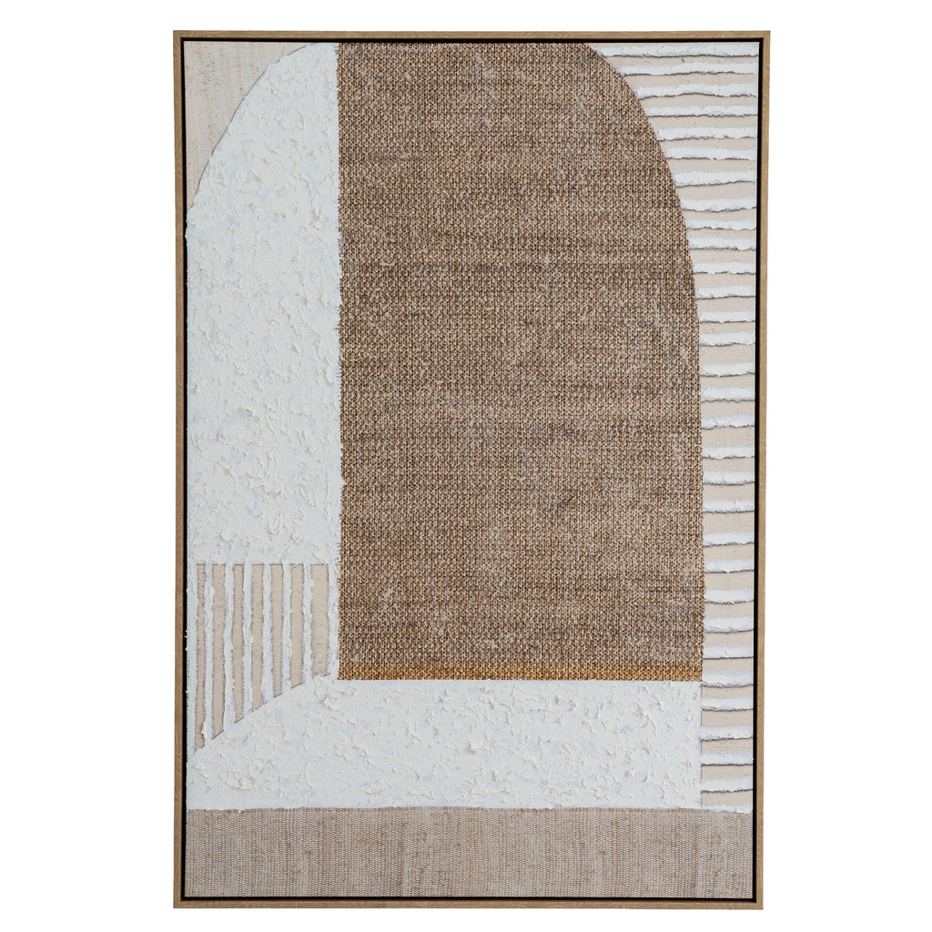 Front view of the framed artwork with a large stippled brown arch, cream-white textured areas and striped sections on a neutral background.