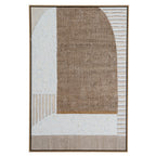 Front view of the framed artwork with a large stippled brown arch, cream-white textured areas and striped sections on a neutral background.