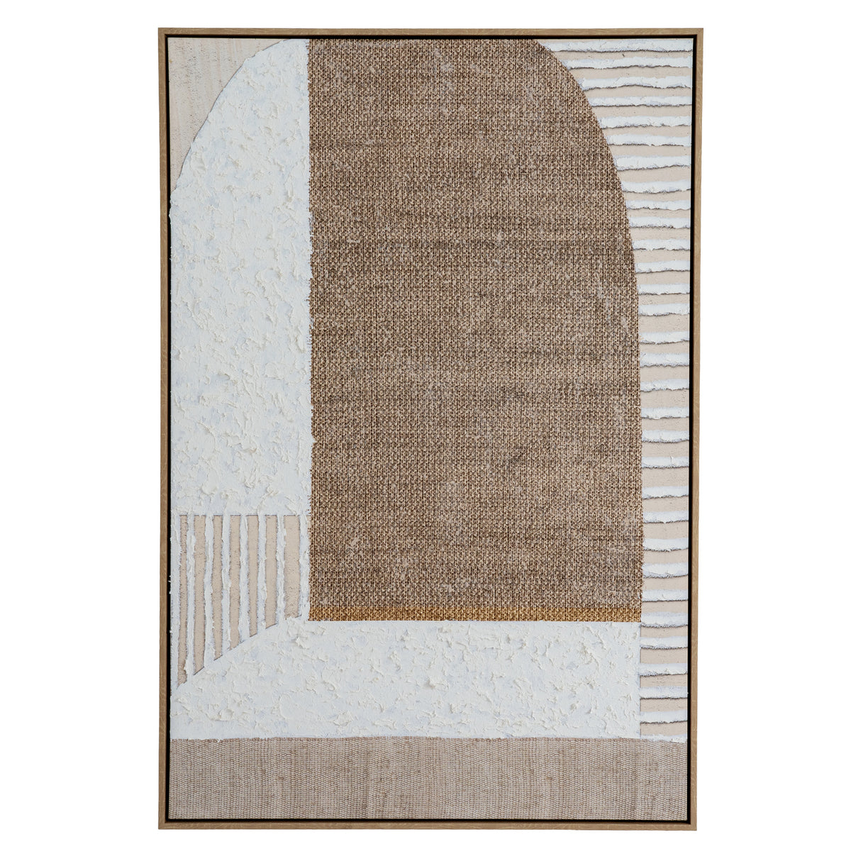 Front view of the framed artwork with a large stippled brown arch, cream-white textured areas and striped sections on a neutral background.