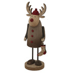 Angled view of the long-limbed reindeer decoration, showing dark-edged antlers, rounded feet and the red-spotted stocking hanging beside its body.