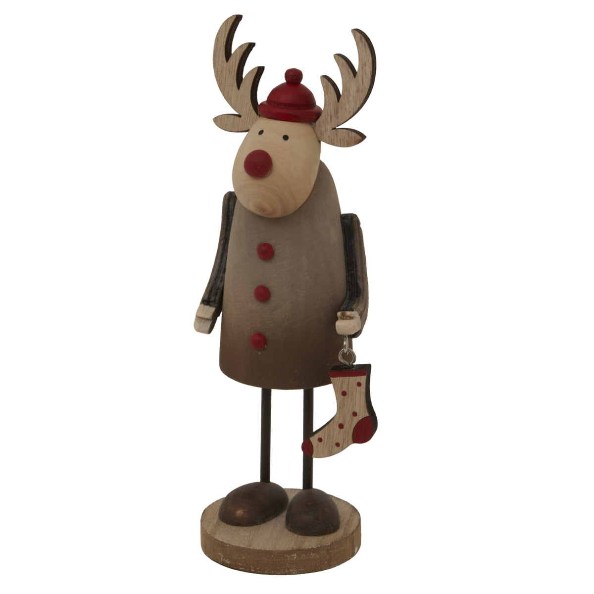 Angled view of the long-limbed reindeer decoration, showing dark-edged antlers, rounded feet and the red-spotted stocking hanging beside its body.