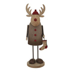 Front view of a long-legged reindeer decoration with broad pale antlers, red cap and buttons, holding a spotted stocking on a round base.