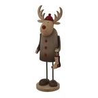 Angled view of the rustic reindeer figure showing its curved arms, red-nosed face and hanging stocking with red heel, toe and spots.