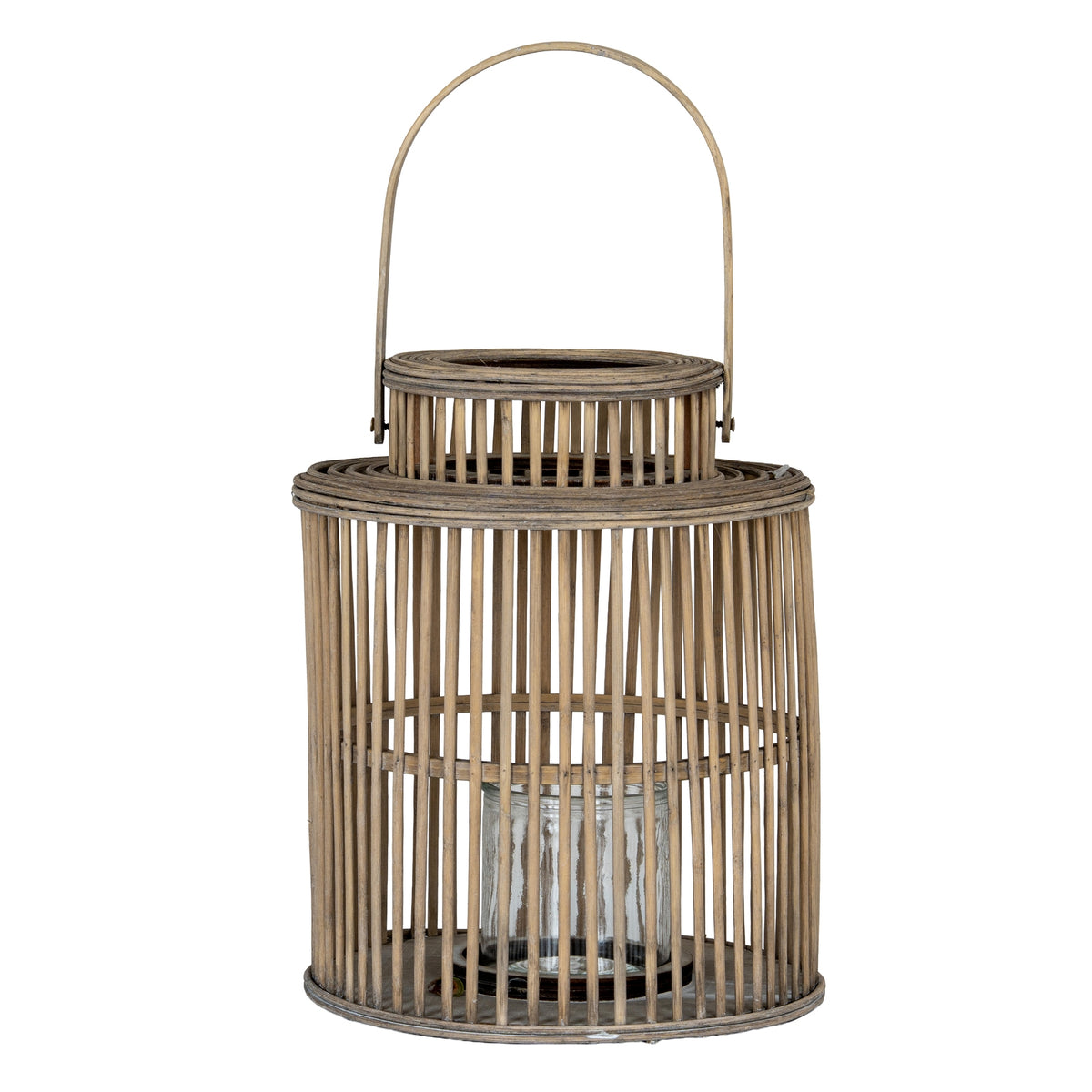 Straight Slatarch Candle Lantern shown in full, with a warm grey-brown slatted body, raised circular neck, arched handle and central cylindrical holder.
