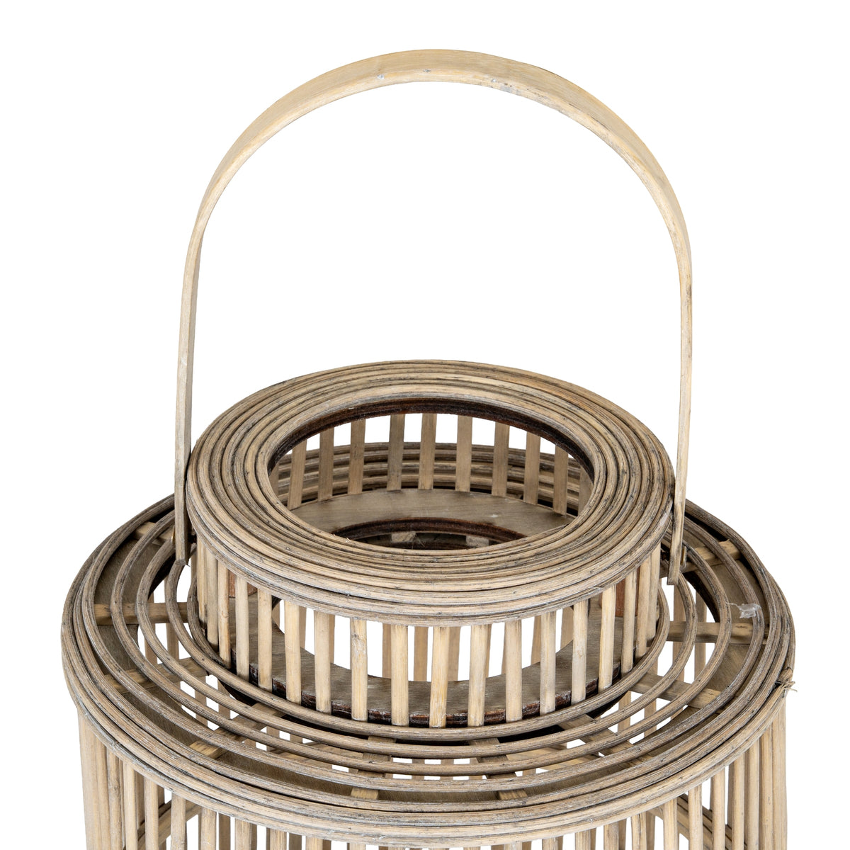 View down towards the lantern's open circular neck, showing concentric rim bands, vertical slats and the broad handle arch.