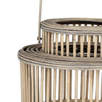Close-up of the lantern's raised neck and shoulder rings, showing pale surface streaks, straight slats and the handle attachment at the side.