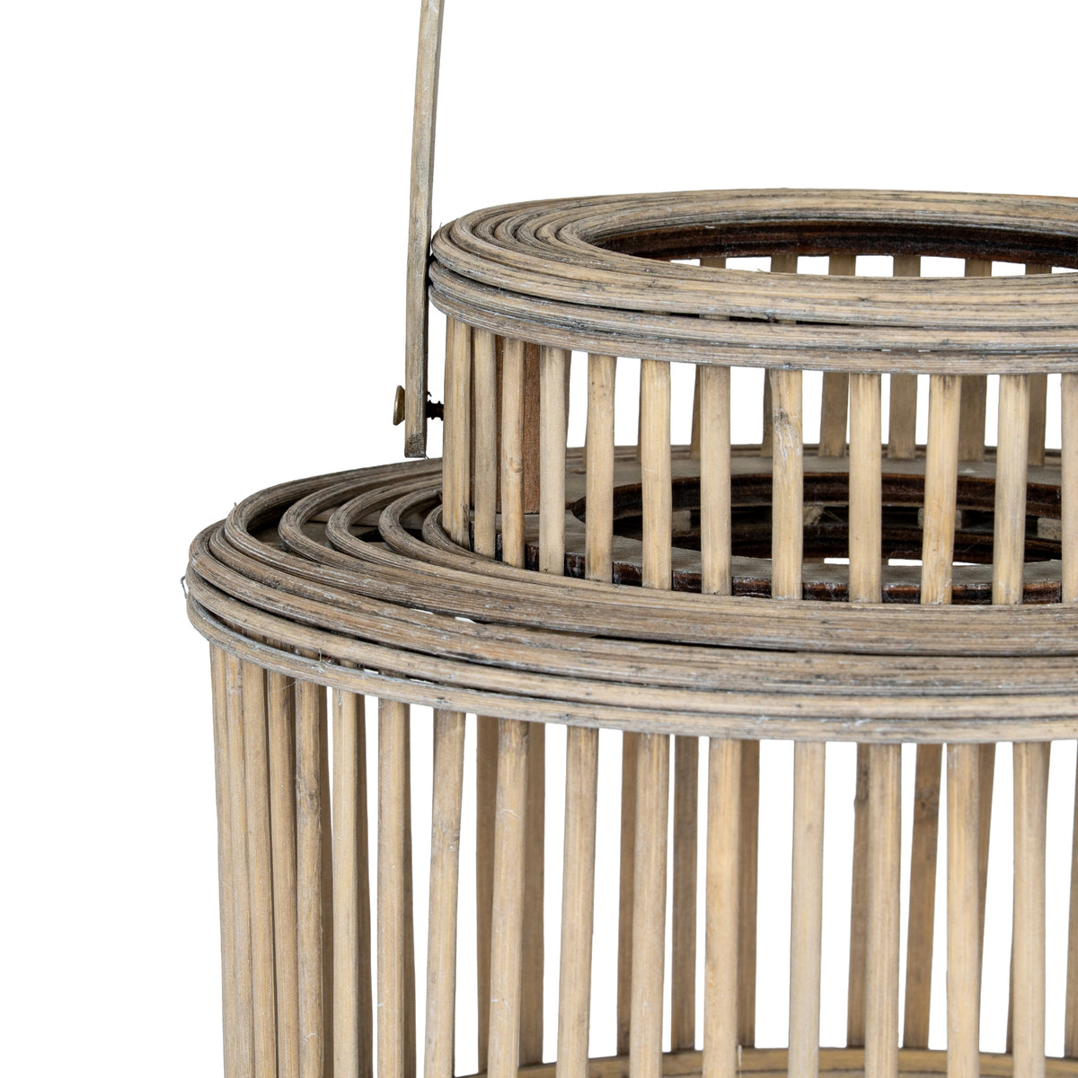 Close-up of the lantern's raised neck and shoulder rings, showing pale surface streaks, straight slats and the handle attachment at the side.